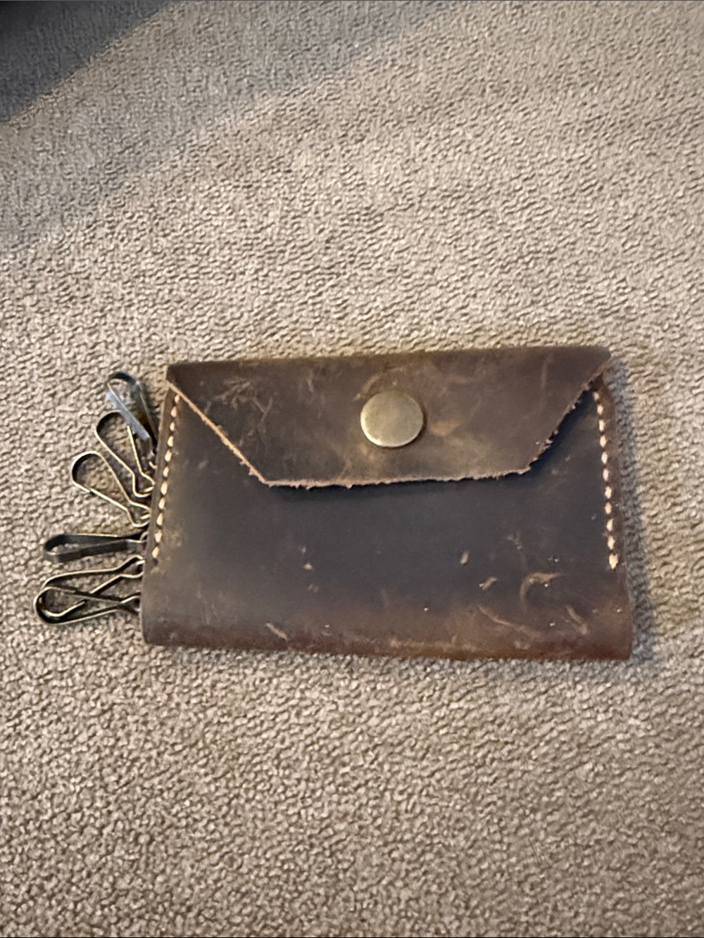 Vintage Leather Brown 6 Key Chain Holder Snap Pouch Tri- Fold Wallet (TD)